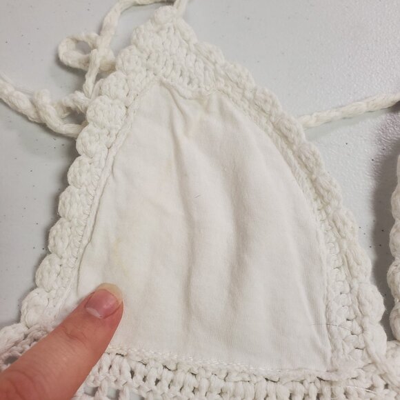Womens Coachella Festival Fringe Crochet Halter Top Size XXS White Cropped Beach - Picture 8 of 11